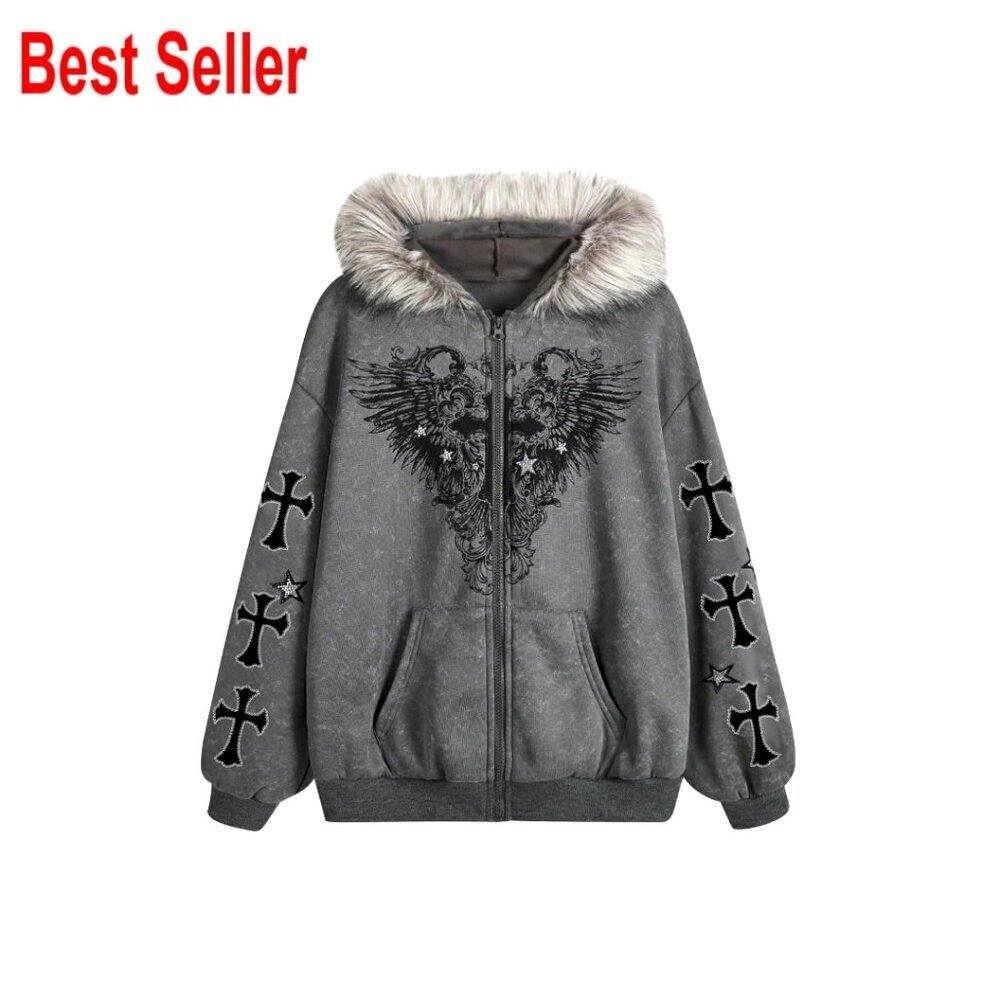 Y2K Gothic Fur Hoodie Oversized Zip Up Fleece Jacket Streetwear